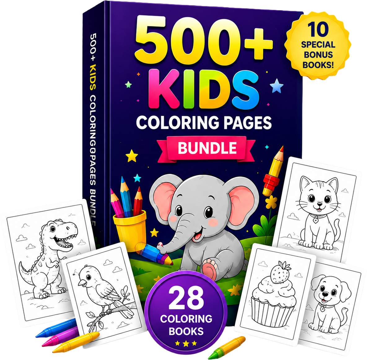 500+ Kids Coloring Pages Bundle with an elephant cover, 10 special bonus books, 28 coloring books badge, crayons, and sample sheets of a dinosaur, bird, cat, cupcake and puppy