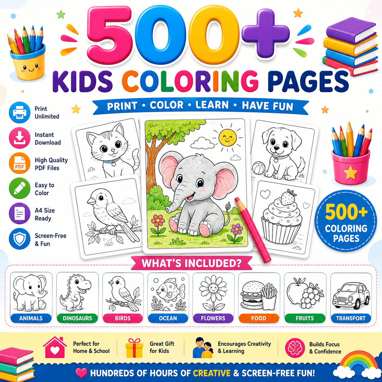 500+ Kids Coloring Pages bundle overview with themes and printable previews